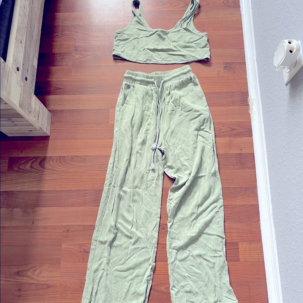Crop top, high waist pants set | Sage | Small